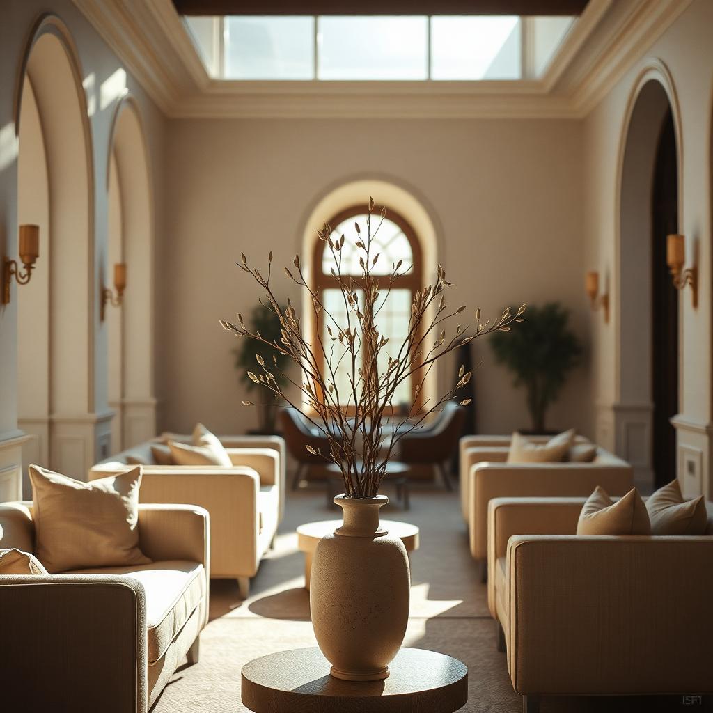 Arched lobby, linen sofas, brass sconces