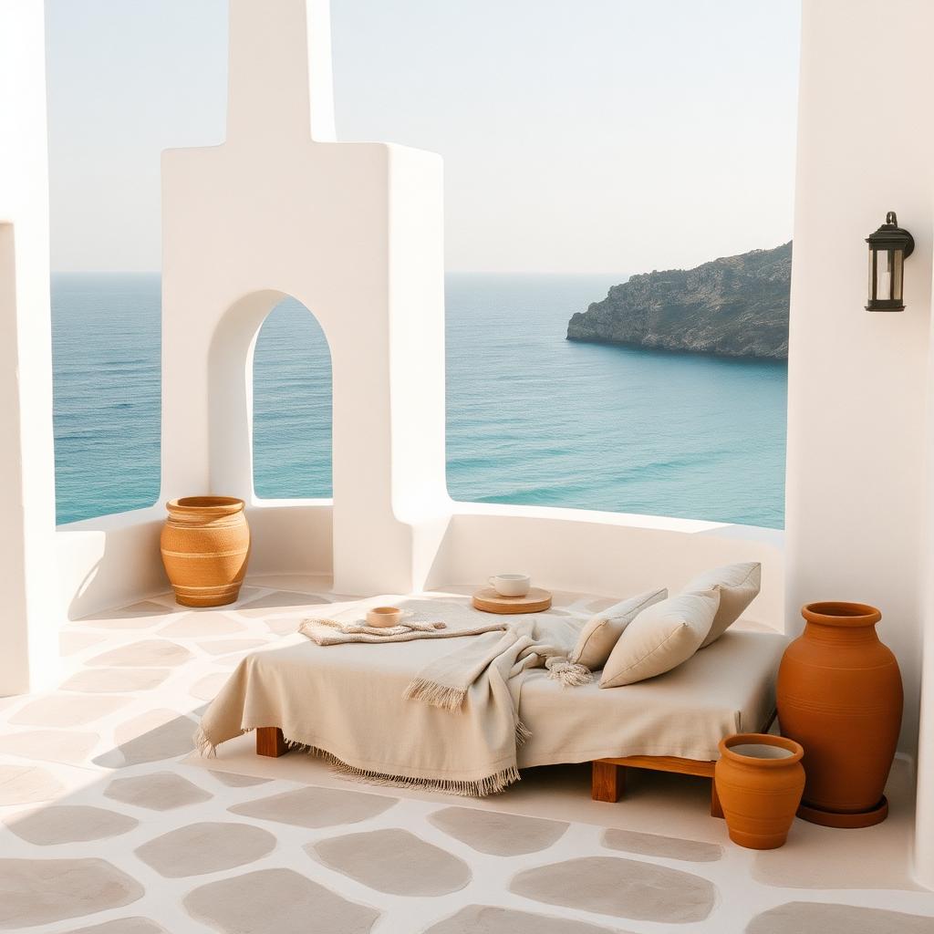 Whitewashed terrace above still turquoise water