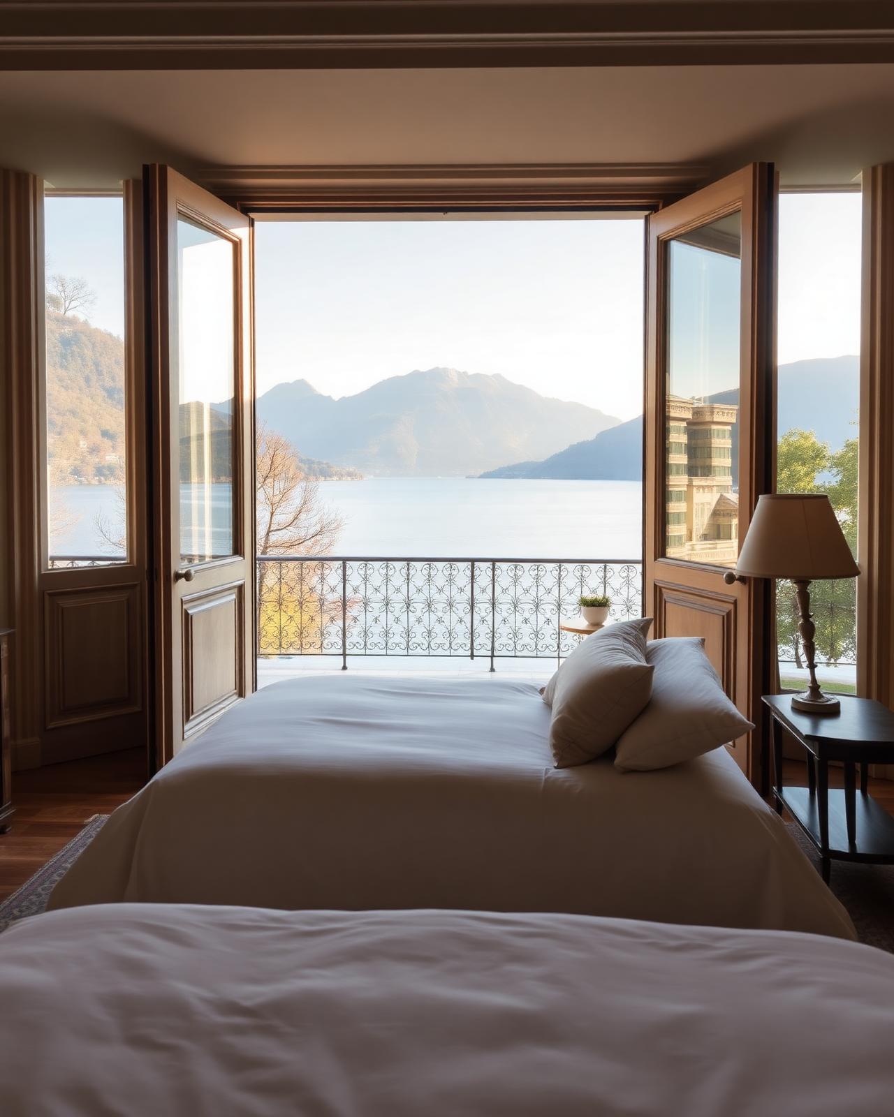 Refined Italian bedroom with open terrace doors framing a panoramic view of Lake Como and mountains.
