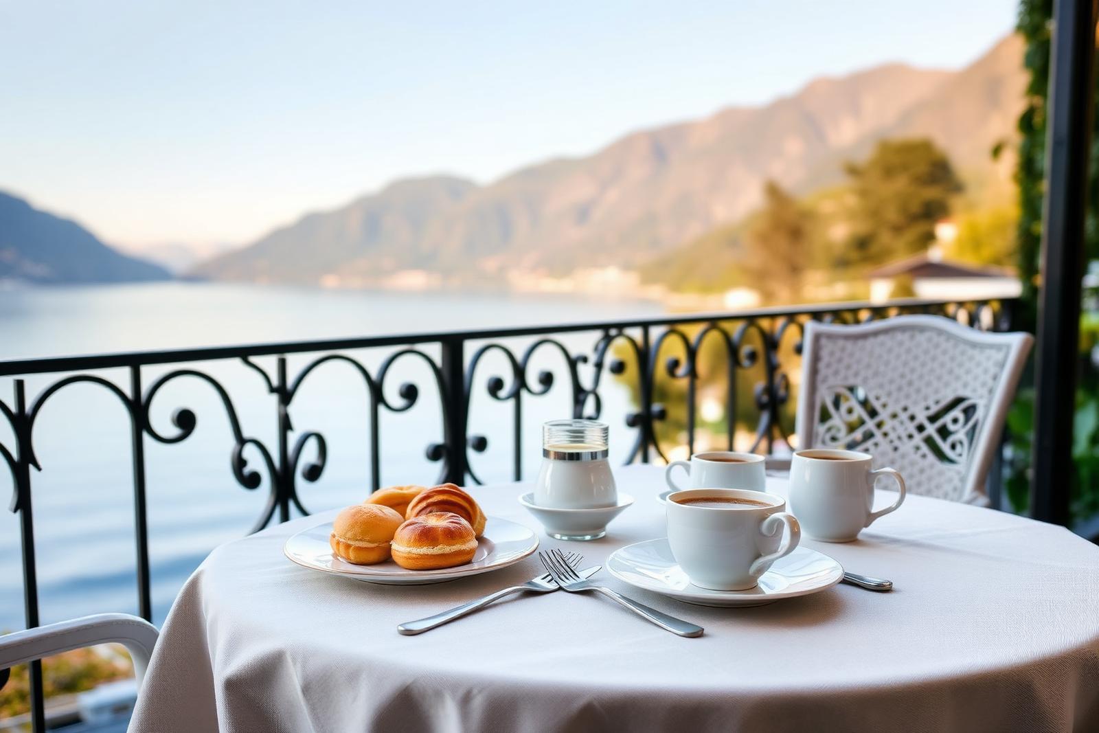 Elegant terrace set for breakfast overlooking Lake Como with wrought-iron railings and Italian mountain views.