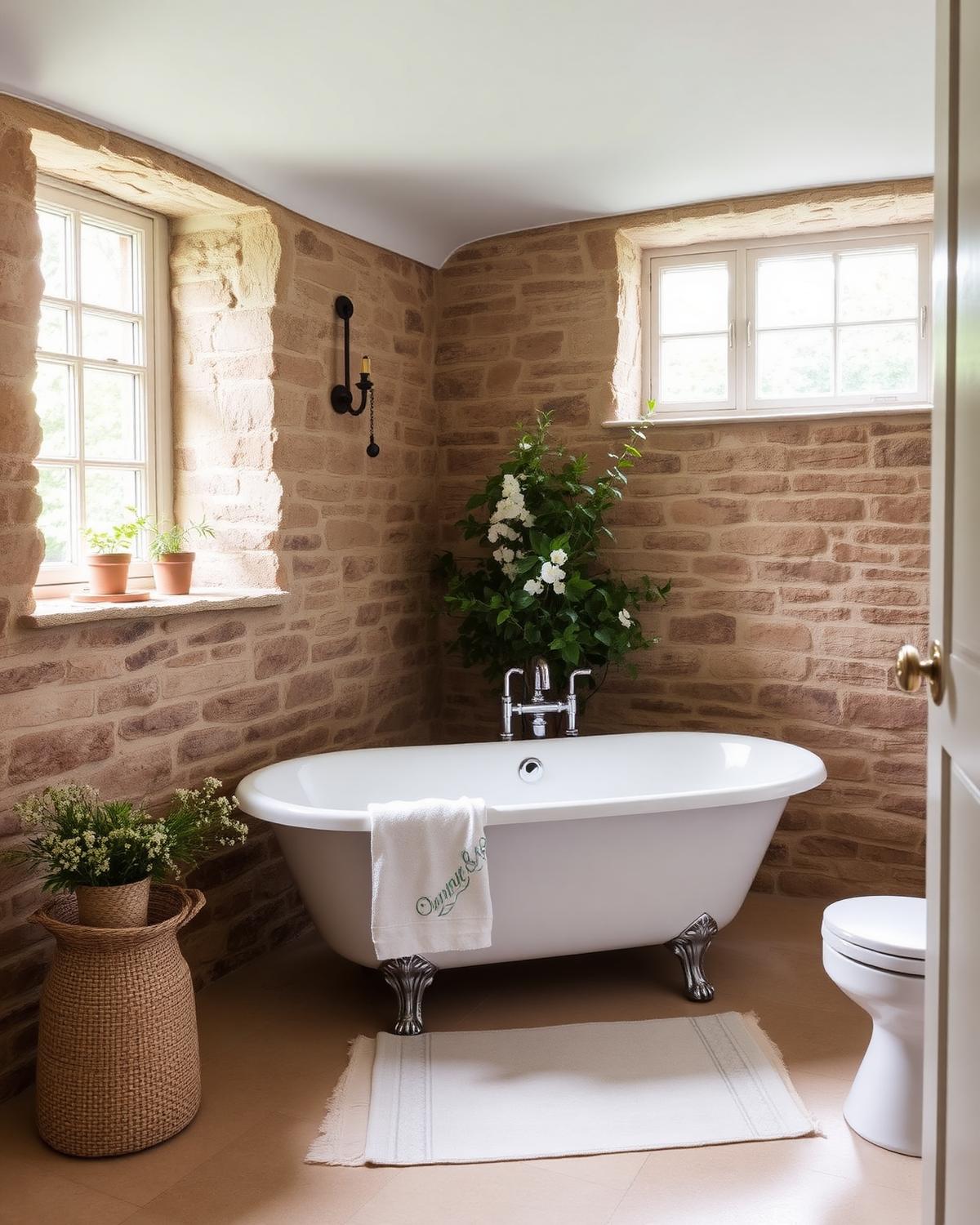 Freestanding bath in a countryside bathroom with exposed stone walls, natural daylight and botanical styling.