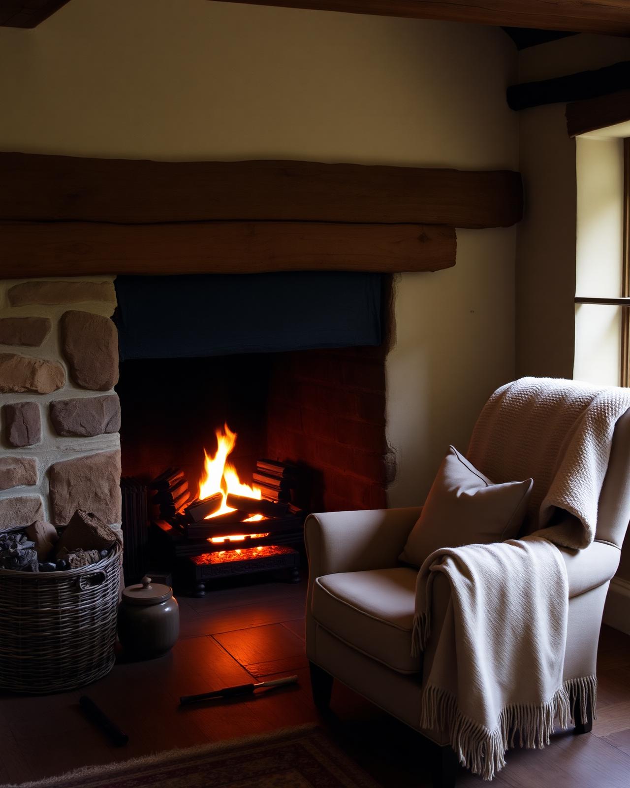 Cosy Cotswolds interior with a lit stone fireplace, linen armchair and wool blanket in warm evening light.