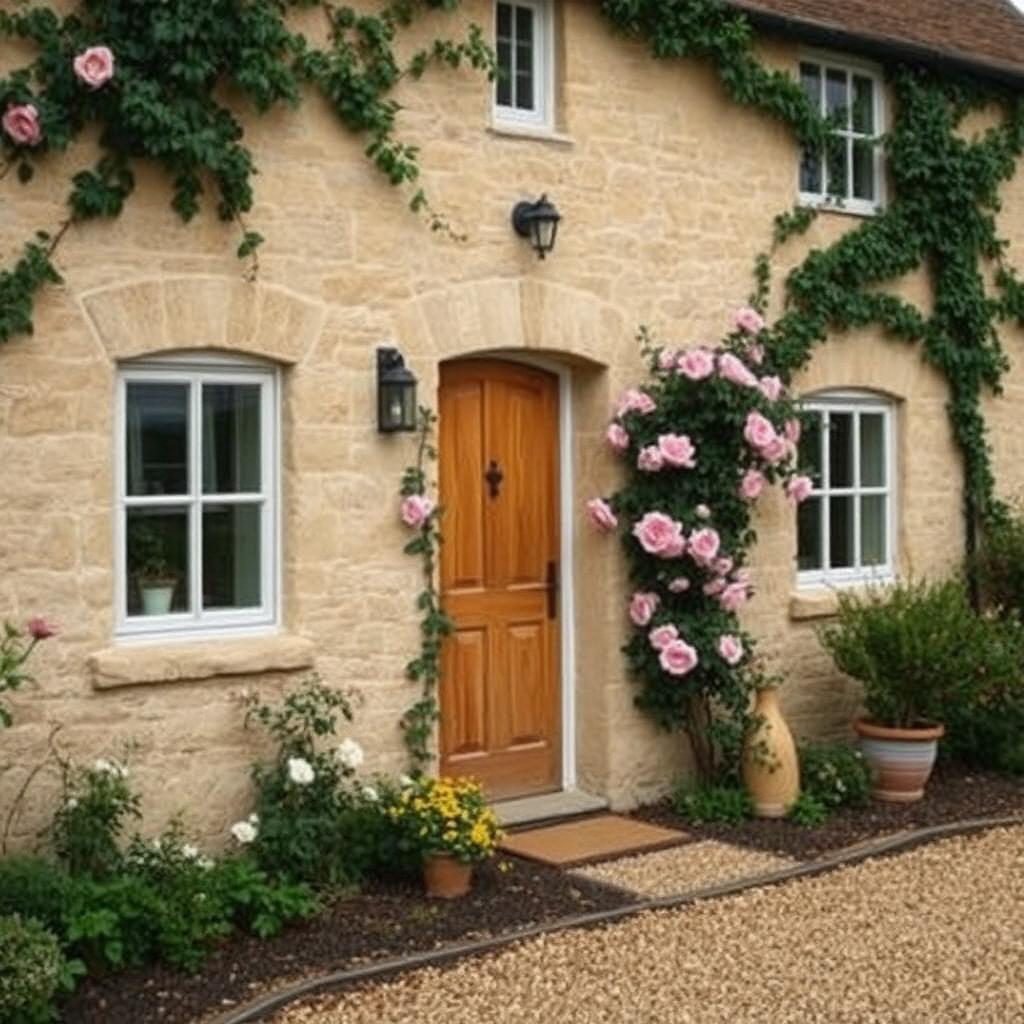 Honey-stone cottage with climbing roses