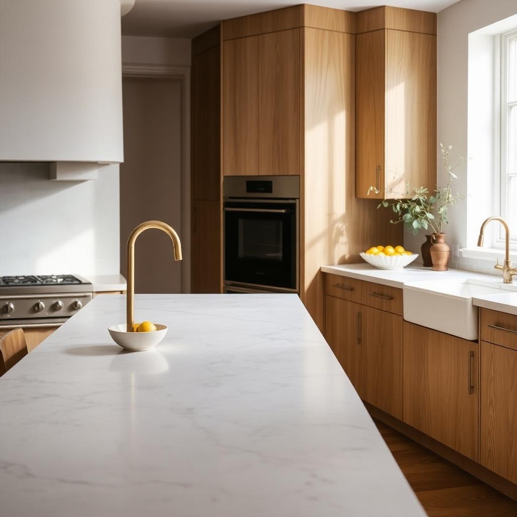 Marble island, oak cabinetry, brass tapware
