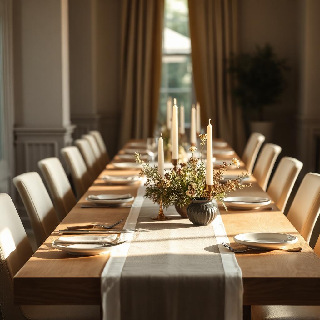 Oak table, linen runner, taper candles
