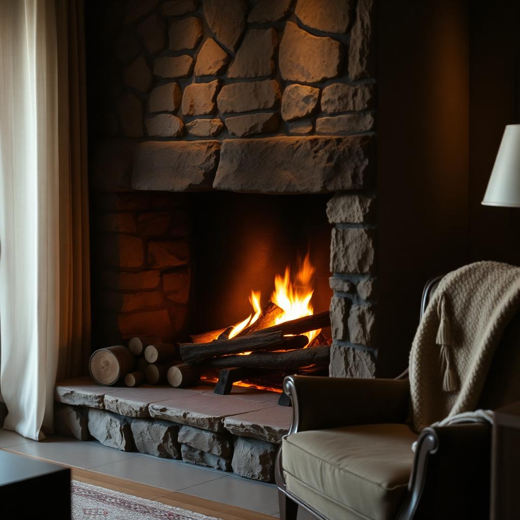 Stone hearth, stacked logs, wool throw