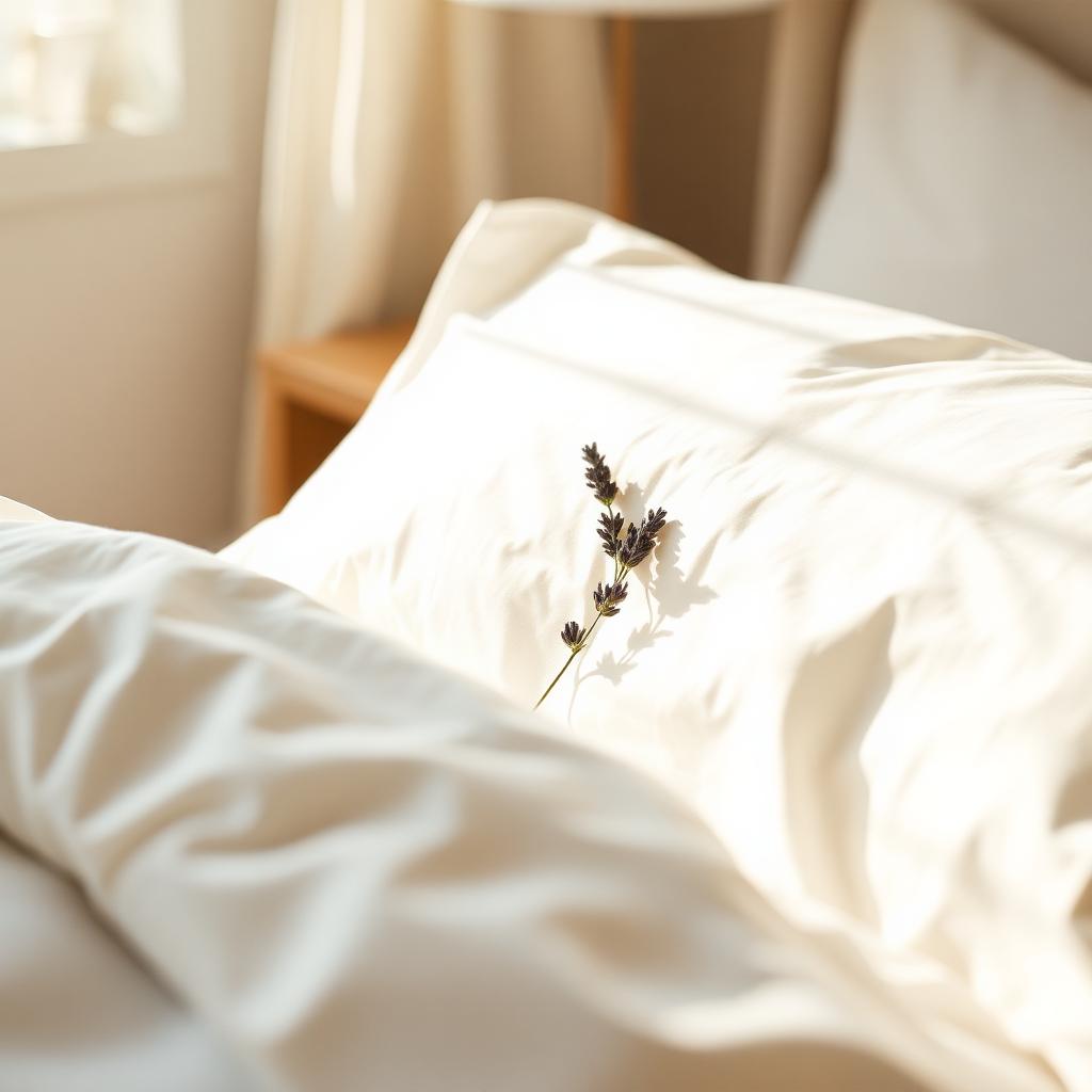 Crisp white bedding with a sprig of lavender