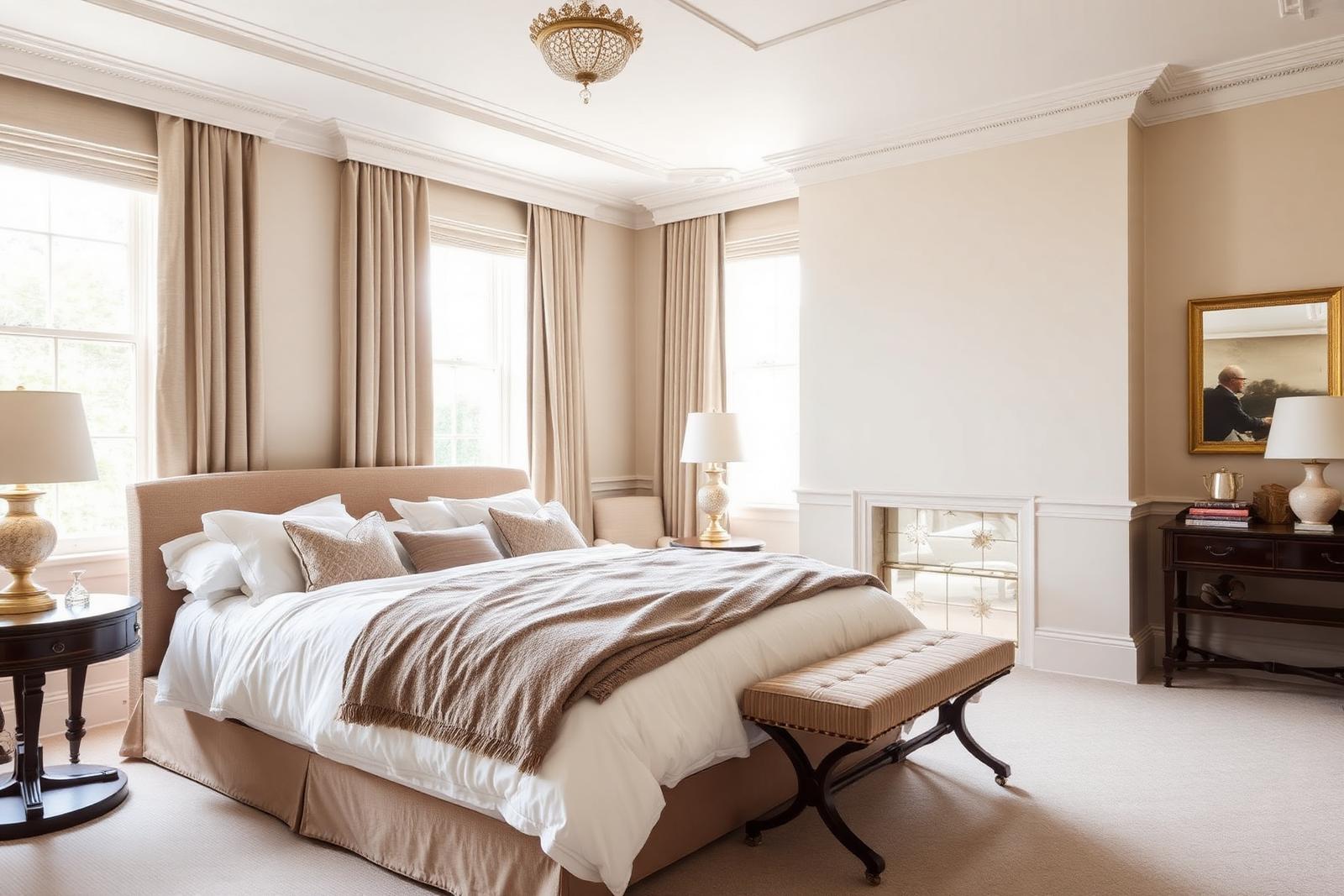 Luxury bedroom with layered neutral bedding, tall London windows and understated elegance.