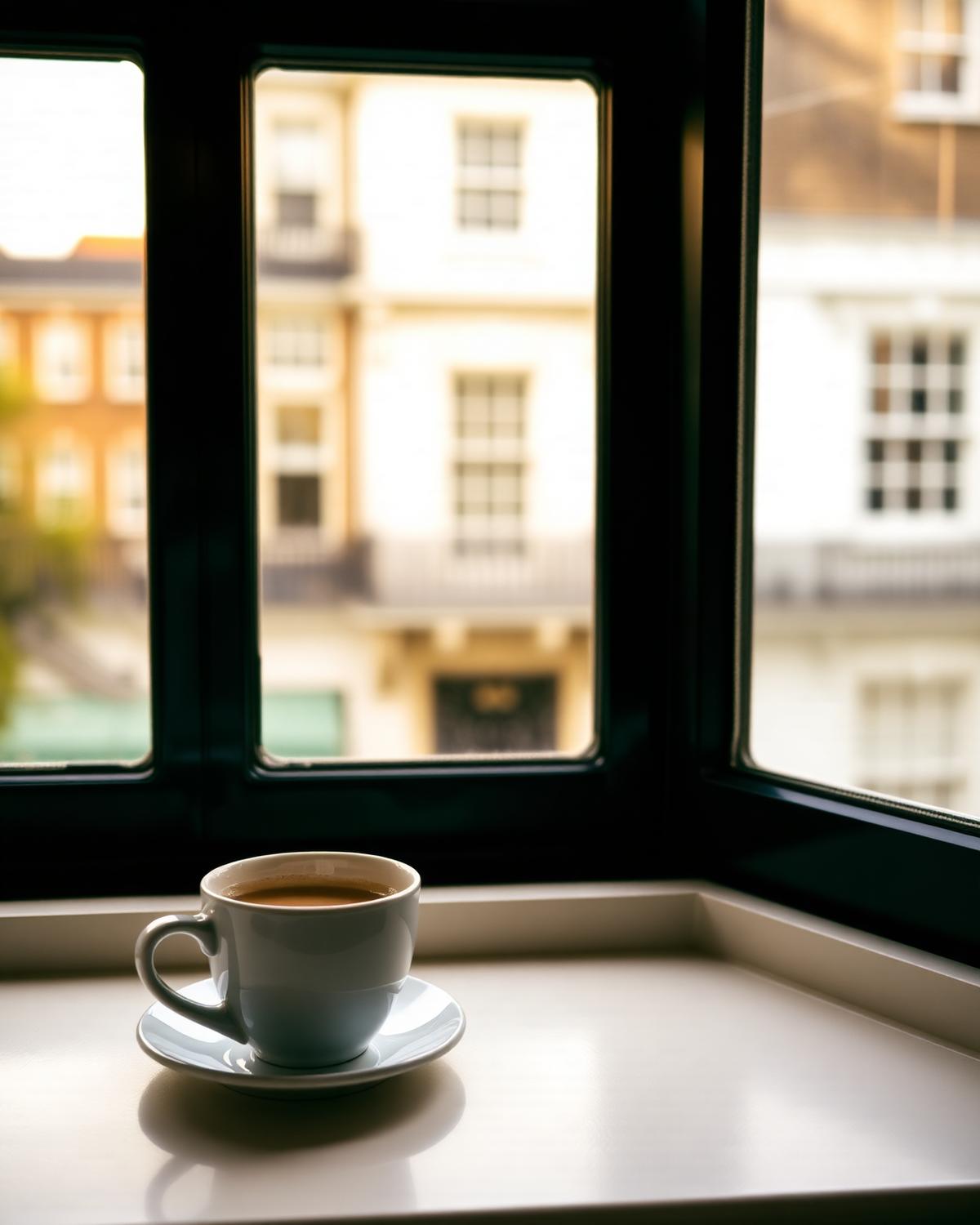 Coffee cup on a windowsill with a soft-focus view of a white Kensington townhouse facade.