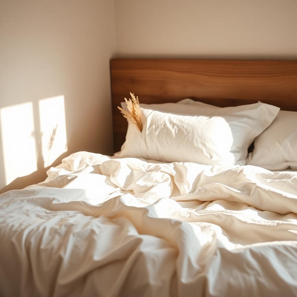 Crumpled white linen, oak headboard, morning sun