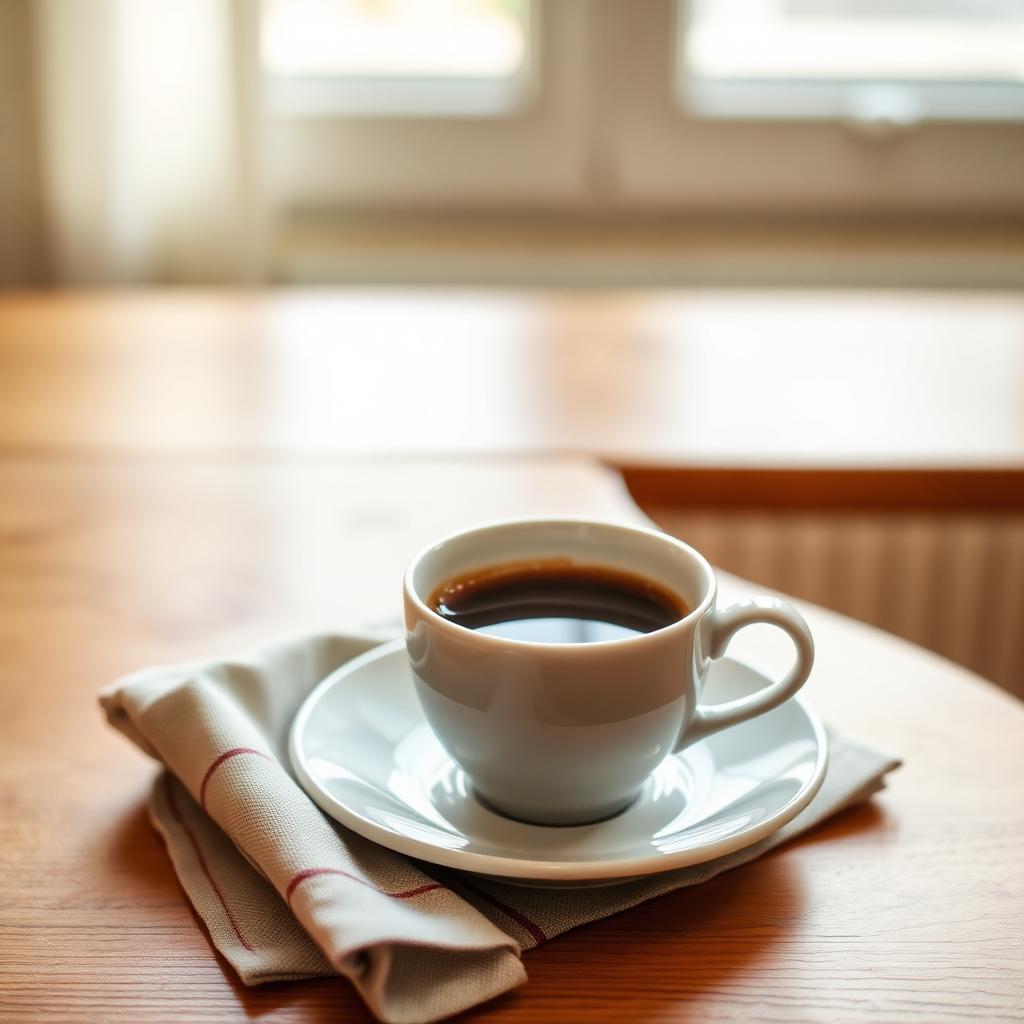 Espresso, saucer and linen napkin on oak