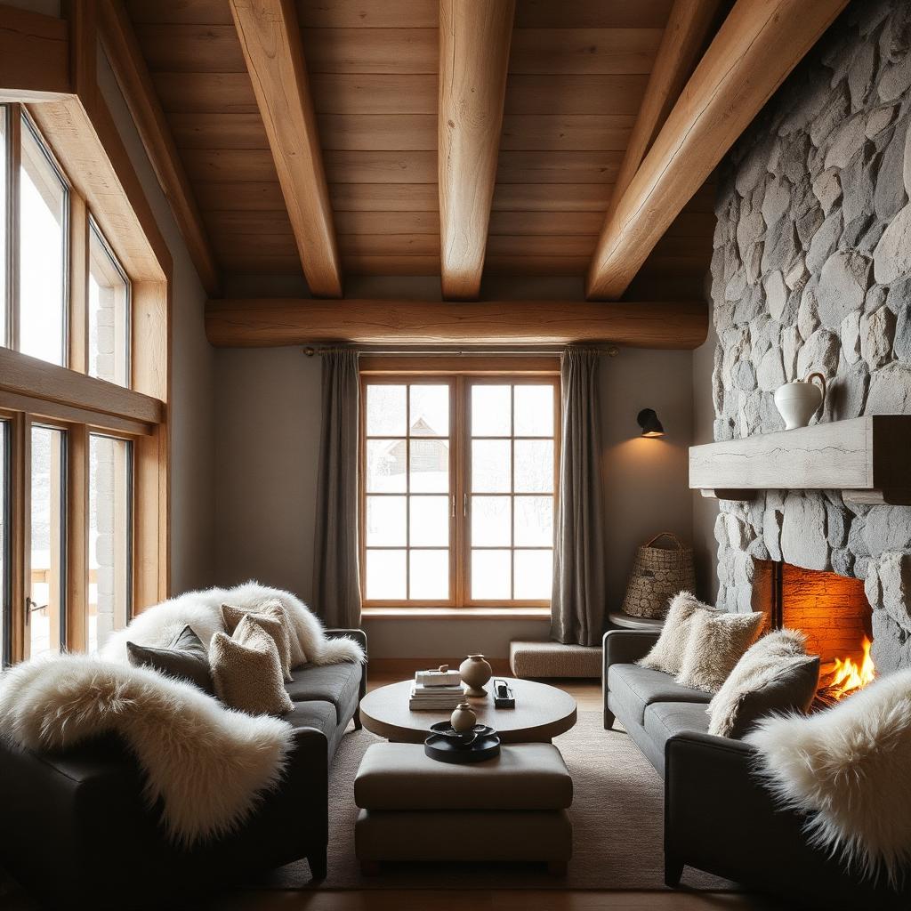 Timber beams, stone fireplace, alpine snow beyond