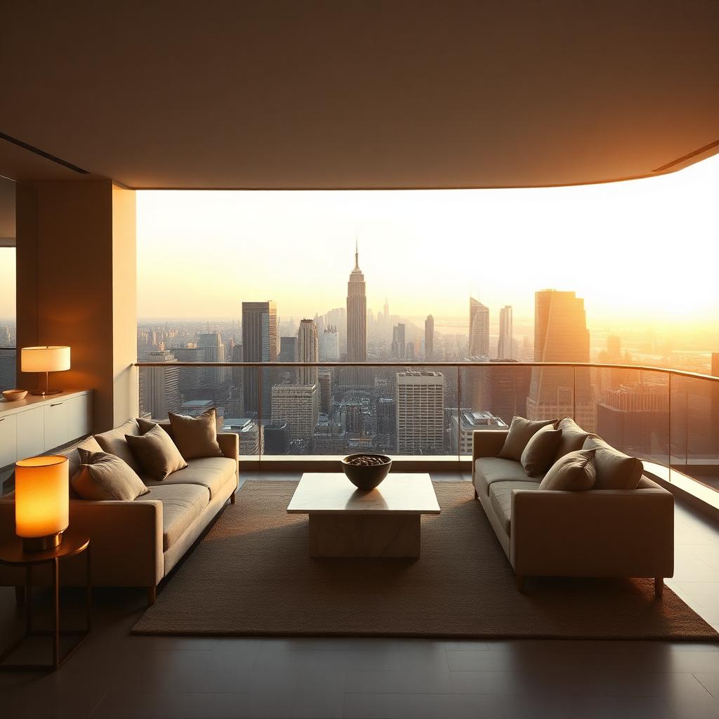 Panoramic skyline at dusk with linen interior