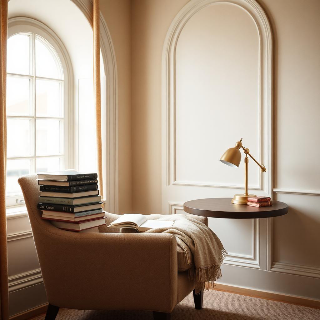 Boucle armchair beside an arched window