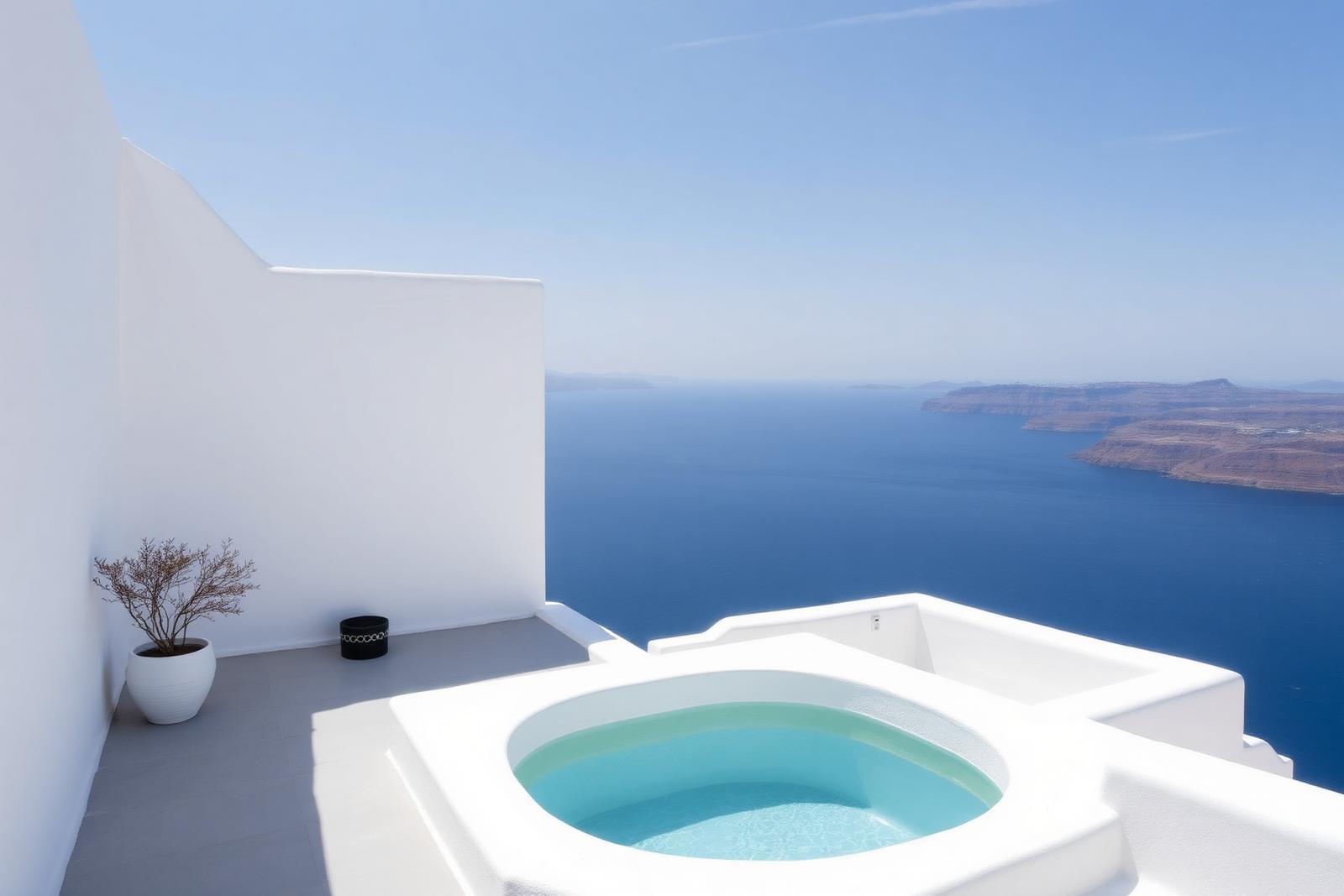 Whitewashed private terrace with a small plunge pool overlooking the deep blue Aegean Sea.