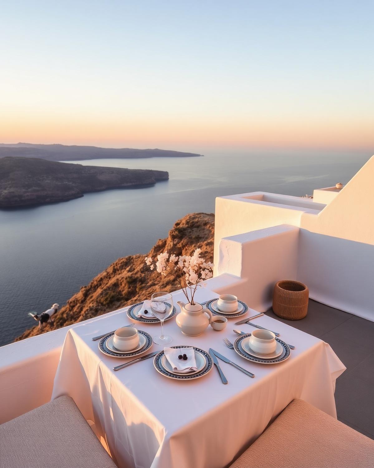 Editorial breakfast table on a Santorini cliffside terrace at golden hour with ceramic tableware and sea view.