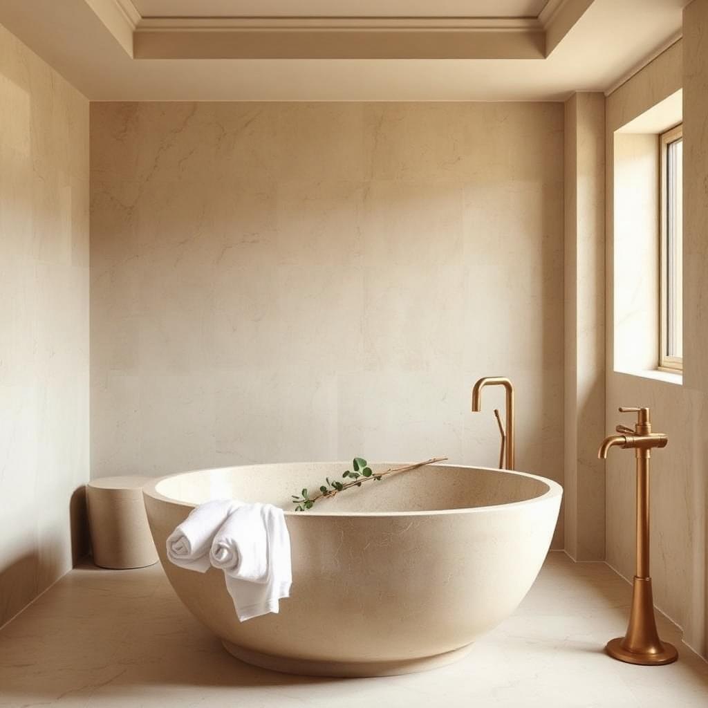 Freestanding stone bath, brass fixtures, eucalyptus