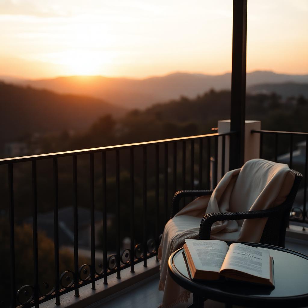 Private balcony overlooking hills at golden hour