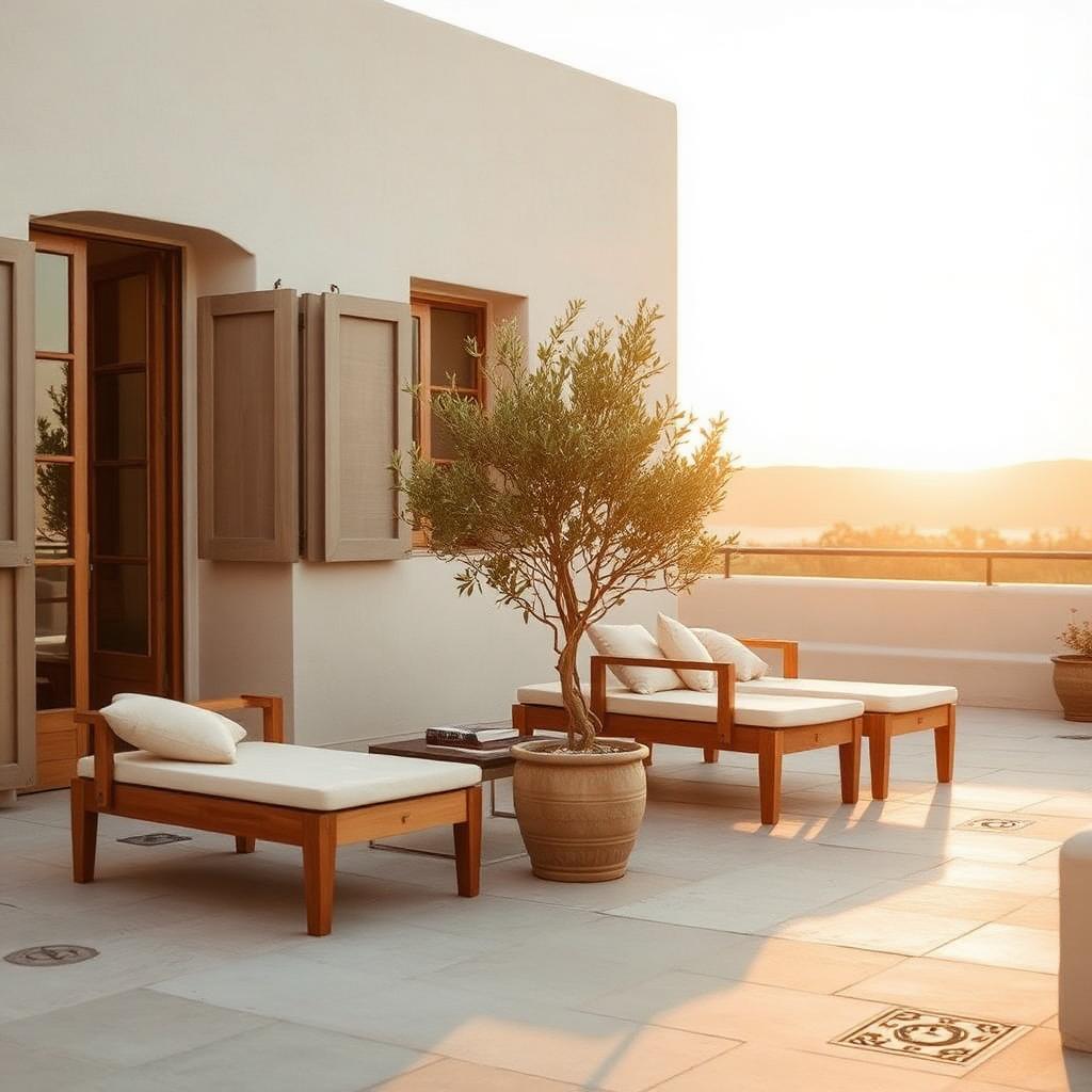 Teak lounge chairs and an olive tree at sunset