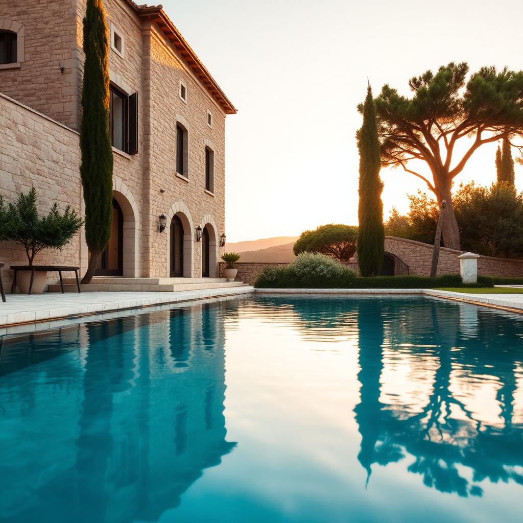 Mediterranean stone villa at golden hour