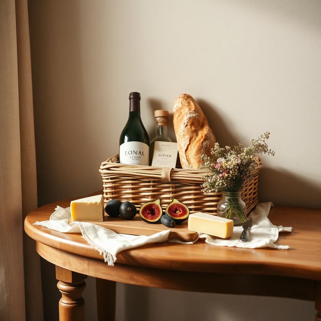 Wine, artisan bread, cheese and fresh figs