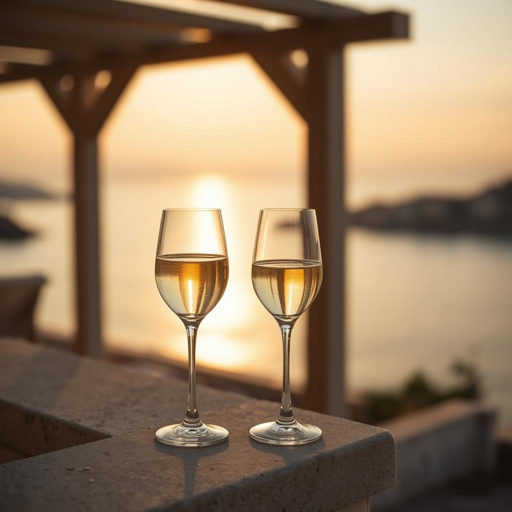Chilled white wine with a Mediterranean sunset
